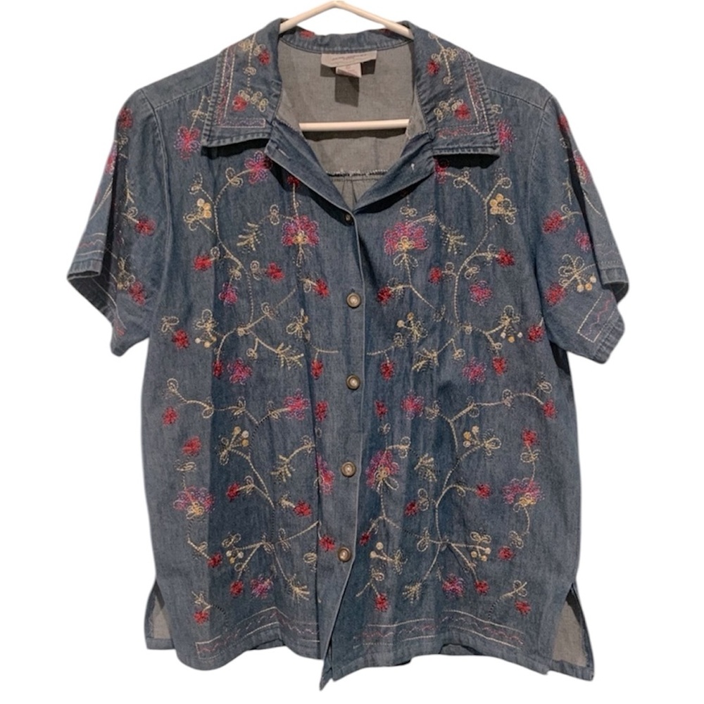 VINTAGE Jane Ashley Petite Embroidered Denim Blouse